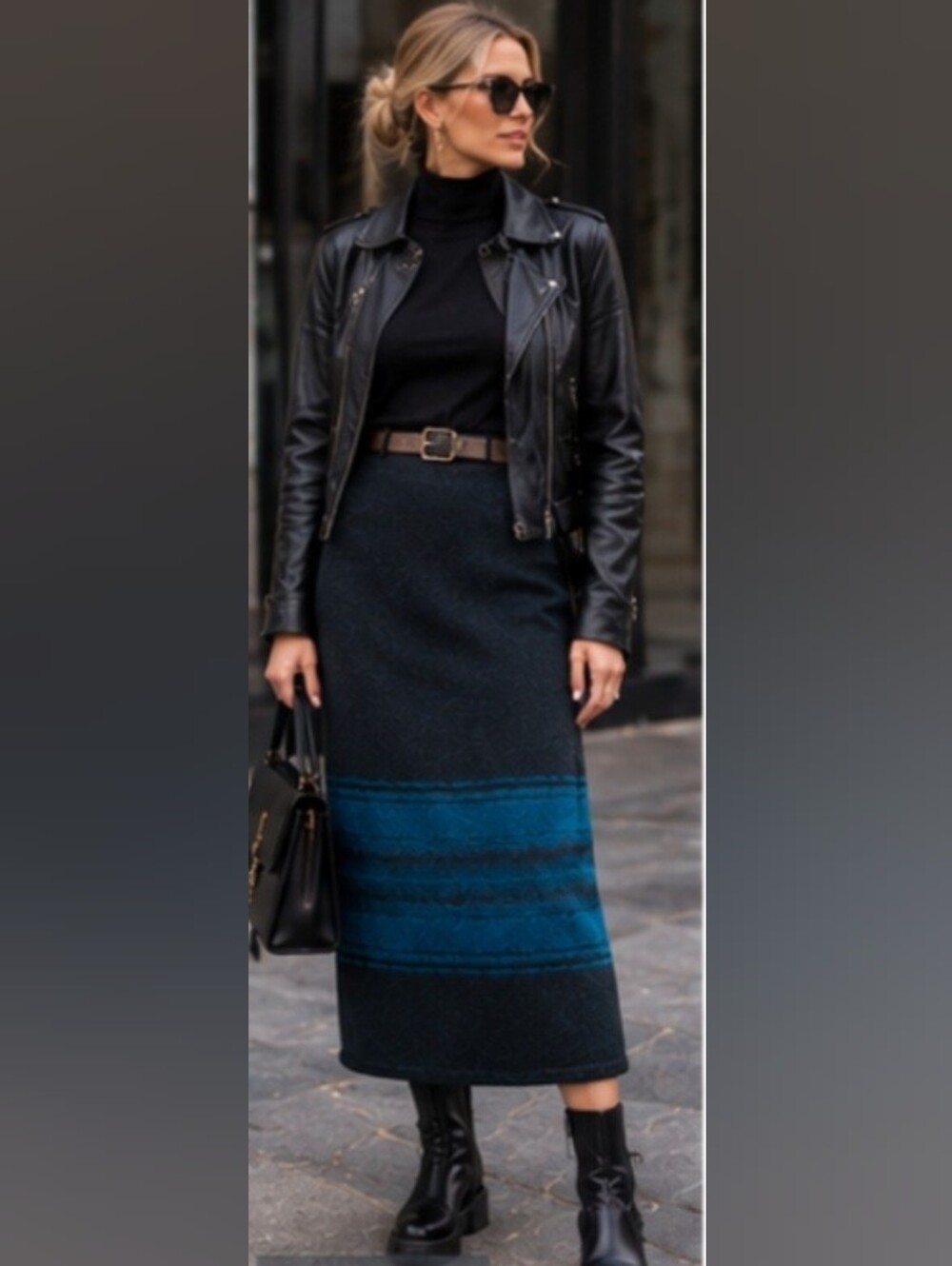 Wool Midi Skirt with Teal Stripe Detail